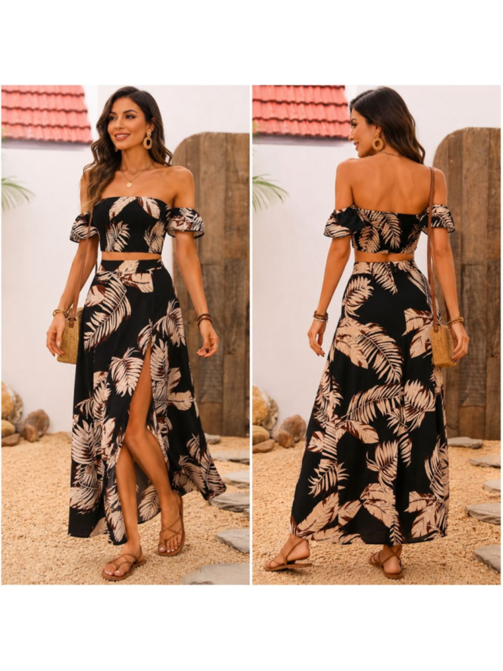 Women's SHEIN Black & Beige Tropical Print Off-Shoulder Crop Top Skirt Set